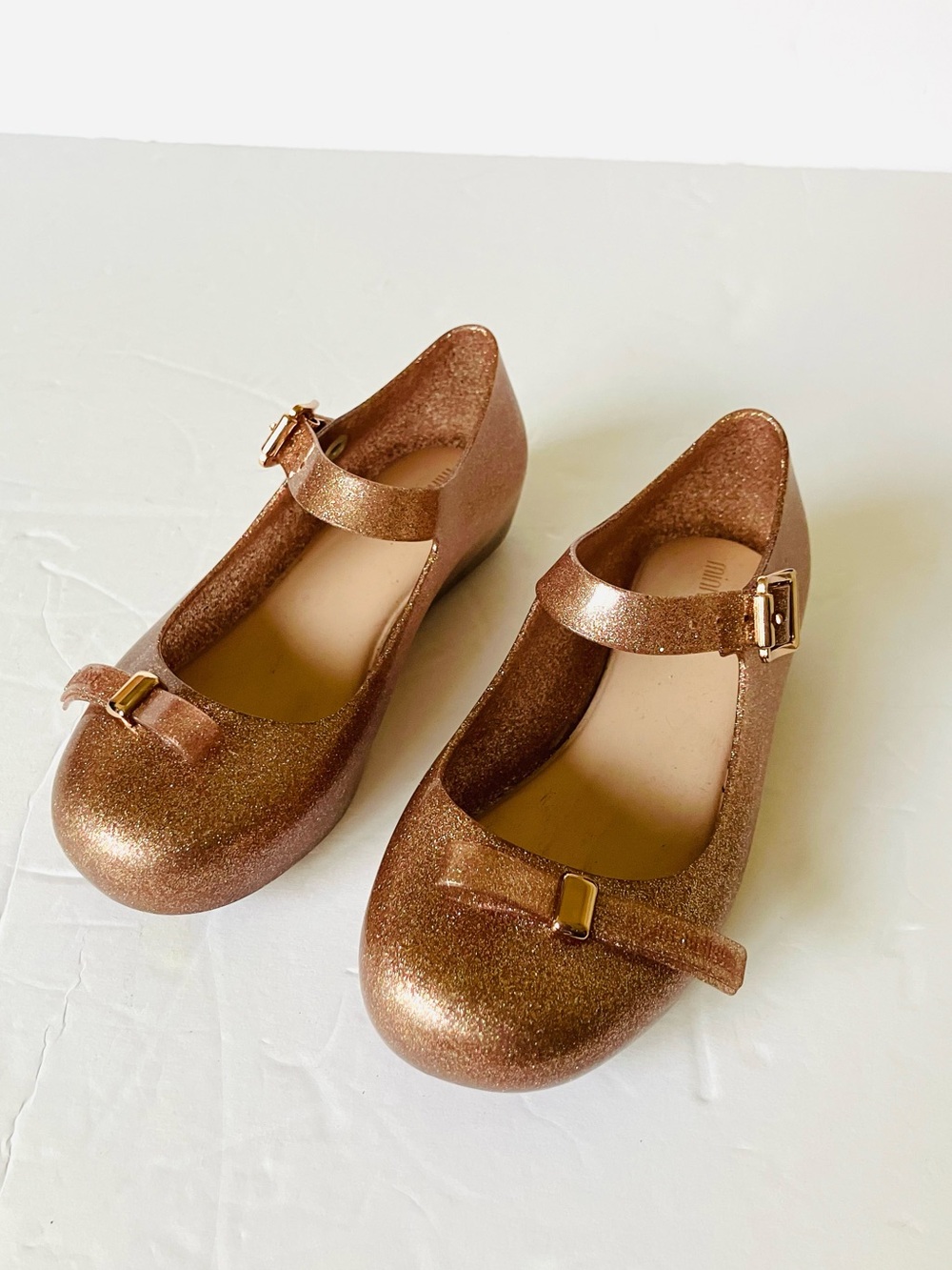 Mini Melissa DORA Rose Gold Glitter Bow Mary Jane Flats Girls Size US 11
